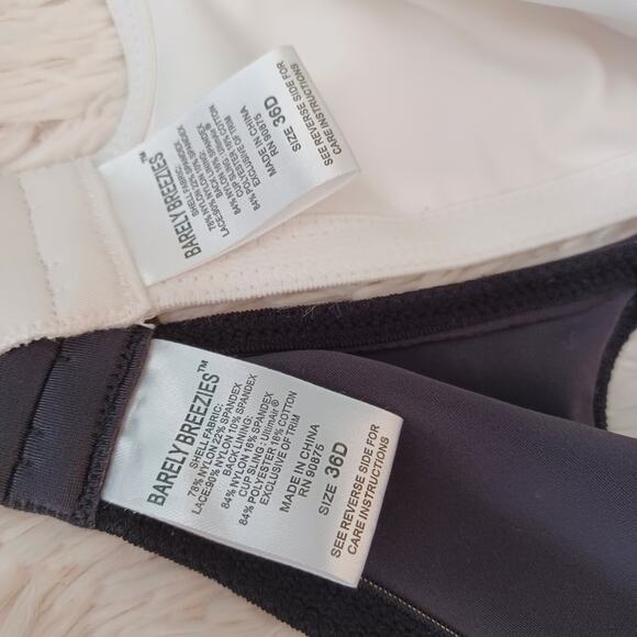 2 Barely Breezies With Modest Lace On Front Size 36D Comfortable White/Black - Picture 6 of 8